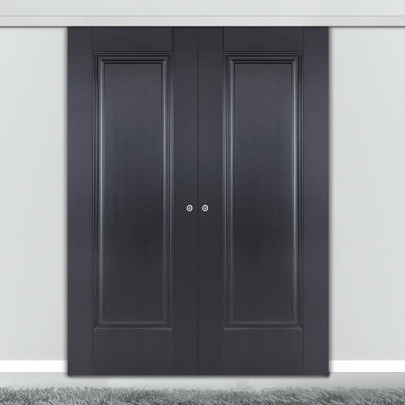 Premium Double Sliding Door & Wall Track - Eindhoven 1 Panel Black Primed Door - Unfinished