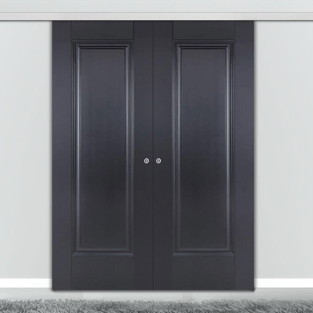 Premium Double Sliding Door & Wall Track - Eindhoven 1 Panel Black Primed Door - Unfinished
