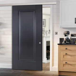 Image: Premium Single Sliding Door & Wall Track - Eindhoven 1 Panel Black Primed Door