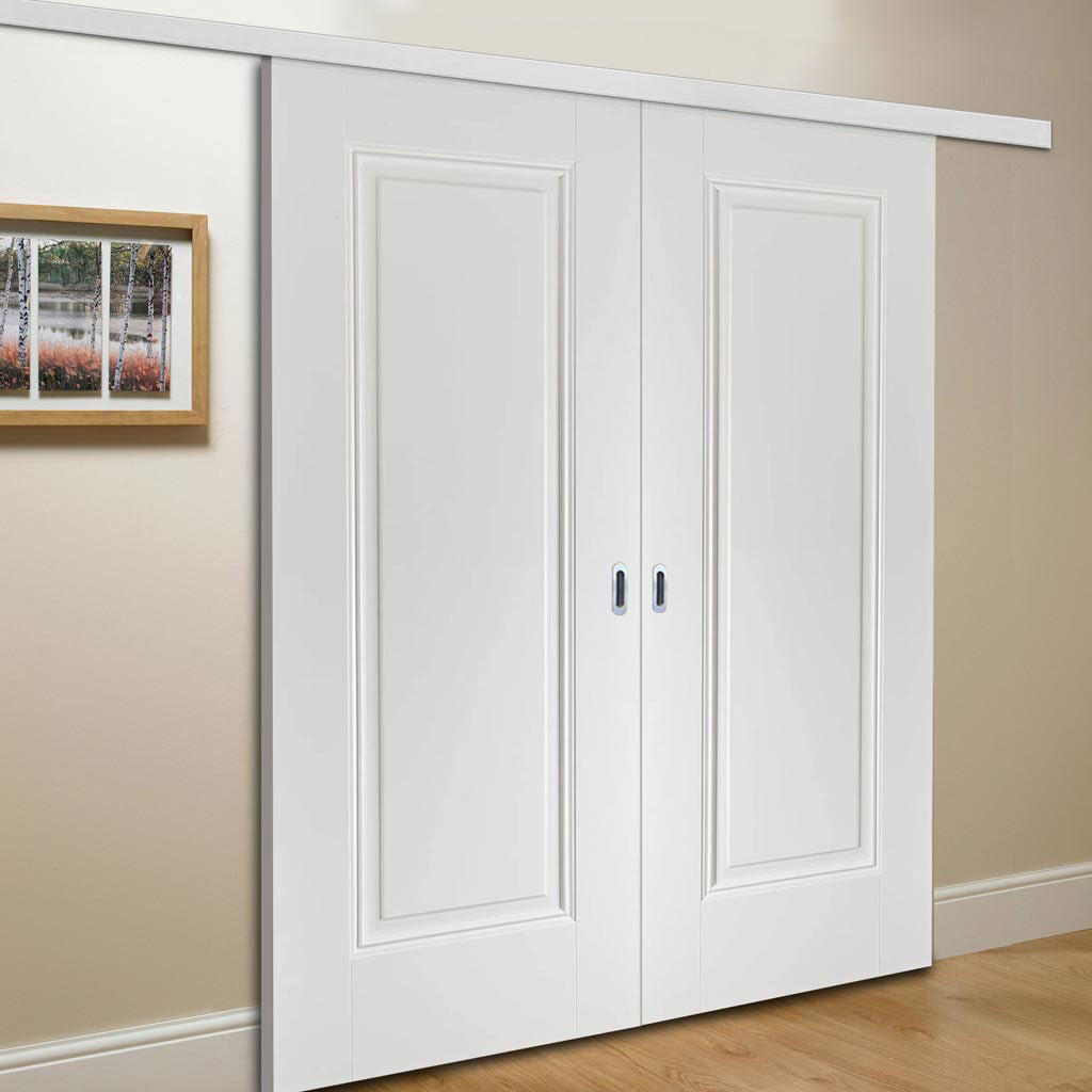 Premium Double Sliding Door & Wall Track - Eindhoven 1 Panel Door - White Primed