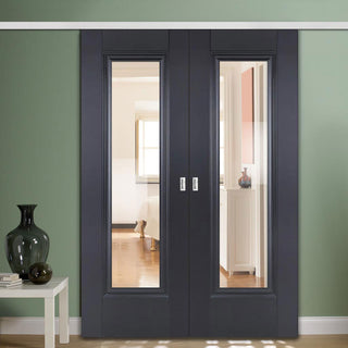 Image: Premium Double Sliding Door & Wall Track - Eindhoven Black Primed Door - Clear Glass - Unfinished