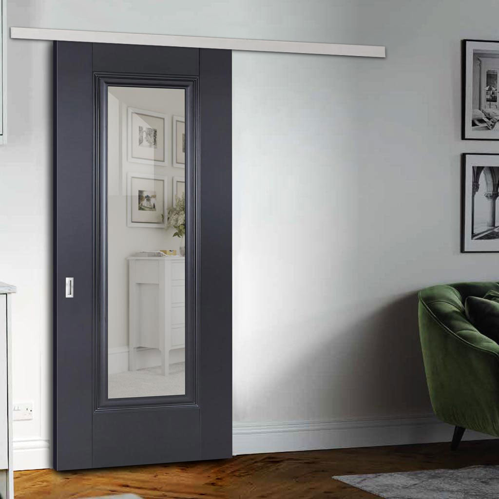 Premium Single Sliding Door & Wall Track - Eindhoven Black Primed Door - Clear Glass