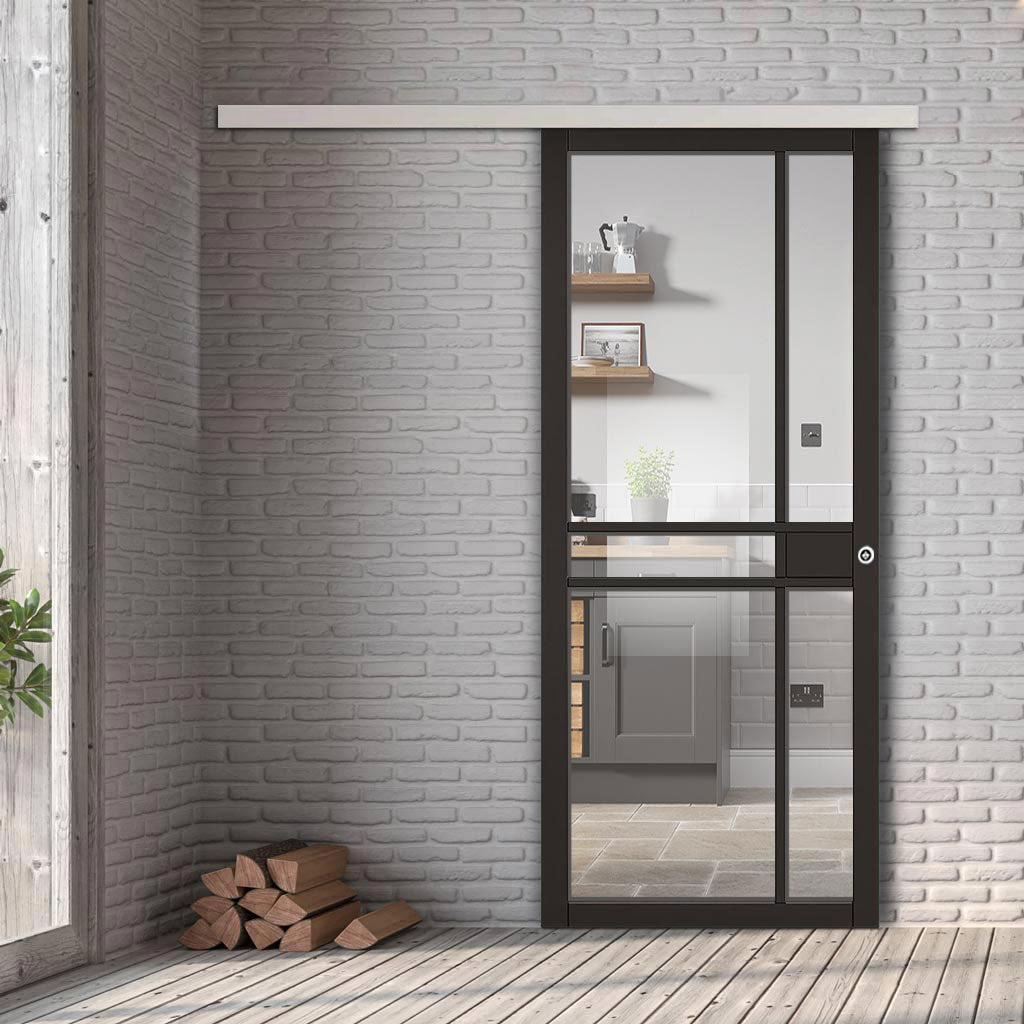 Premium Single Sliding Door & Wall Track - Greenwich Door - Black Primed - Clear Glass