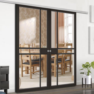 Image: Premium Double Sliding Door & Wall Track - Greenwich Door - Clear Glass - Black Painted - Prefinished