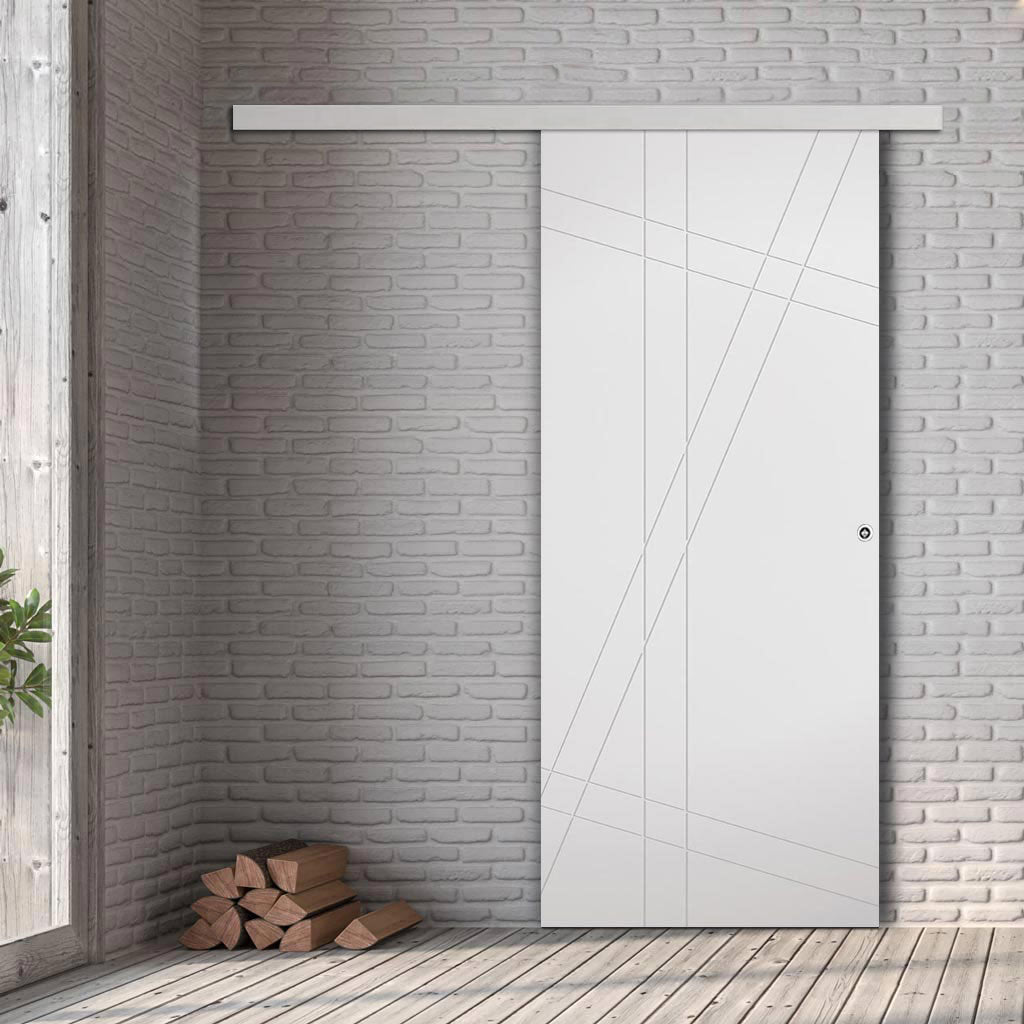 Premium Single Sliding Door & Wall Track - Hastings Flush Door - White Primed