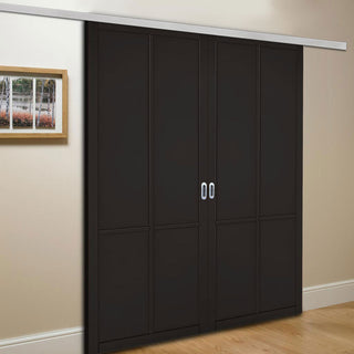 Image: Premium Double Sliding Door & Wall Track - Liberty 4 Panel Door - Black Primed