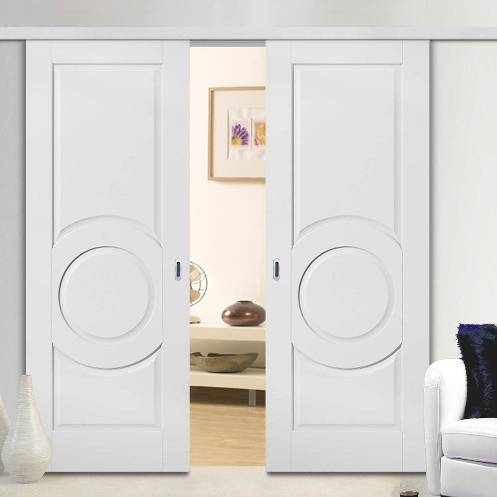 Premium Double Sliding Door & Wall Track - Montpellier 3 Panel Door - White Primed