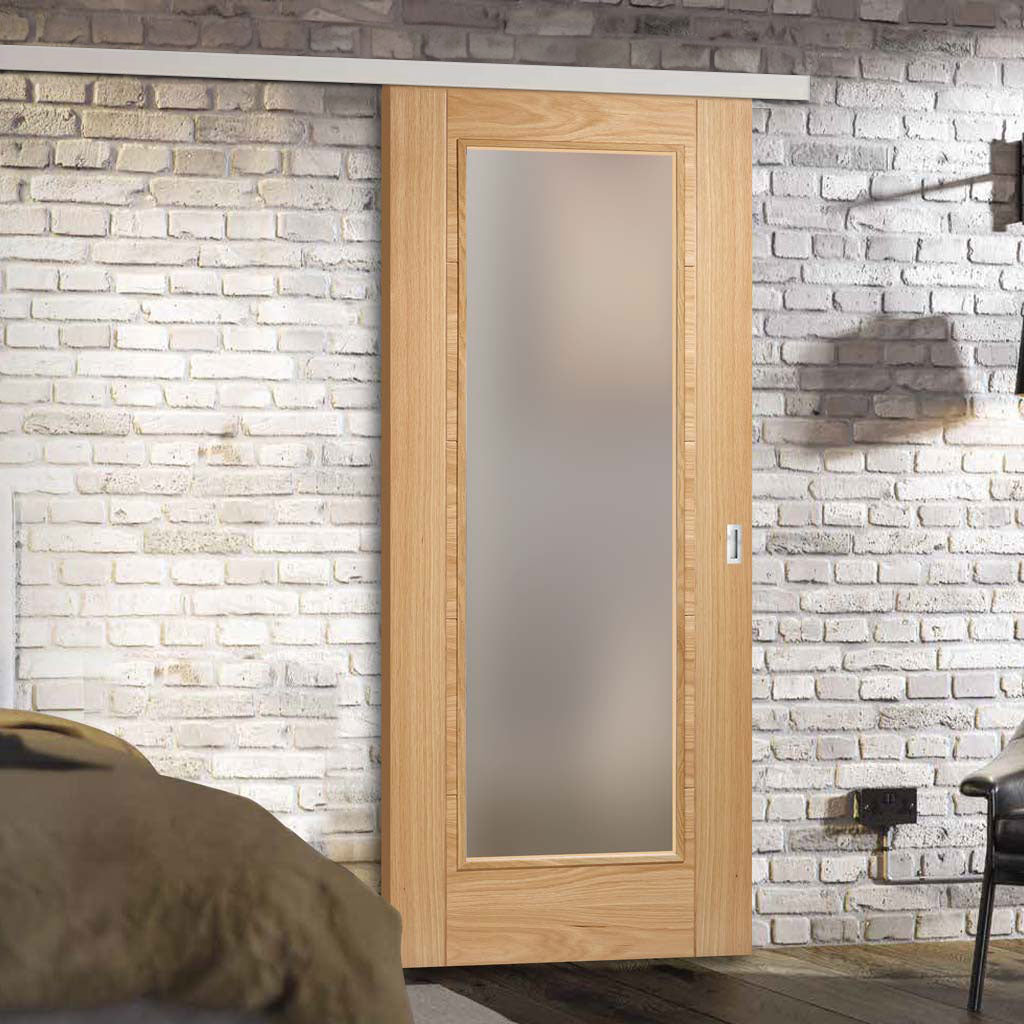 Premium Single Sliding Door & Wall Track - Pattern 10 Oak Door - Frosted Glass - Unfinished