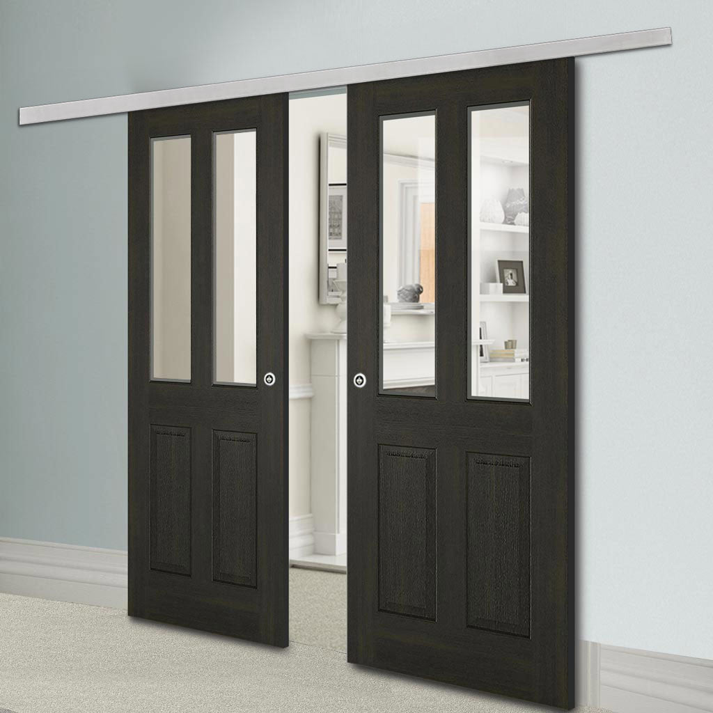 Premium Double Sliding Door & Wall Track - Richmond Smoked Oak door - Clear Glass - Prefinished