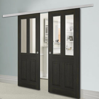 Image: Premium Double Sliding Door & Wall Track - Richmond Smoked Oak door - Clear Glass - Prefinished