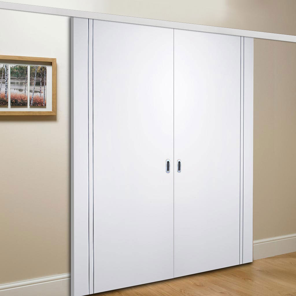 Premium Double Sliding Door & Wall Track - Sierra Blanco Flush Door - White Painted