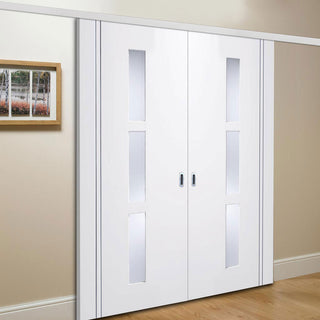 Image: Premium Double Sliding Door & Wall Track - Sierra Blanco Door - Frosted Glass - White Painted