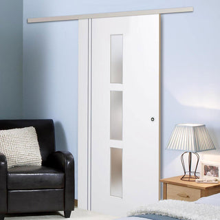 Image: Premium Single Sliding Door & Wall Track - Sierra Blanco Door - Frosted Glass - White Painted