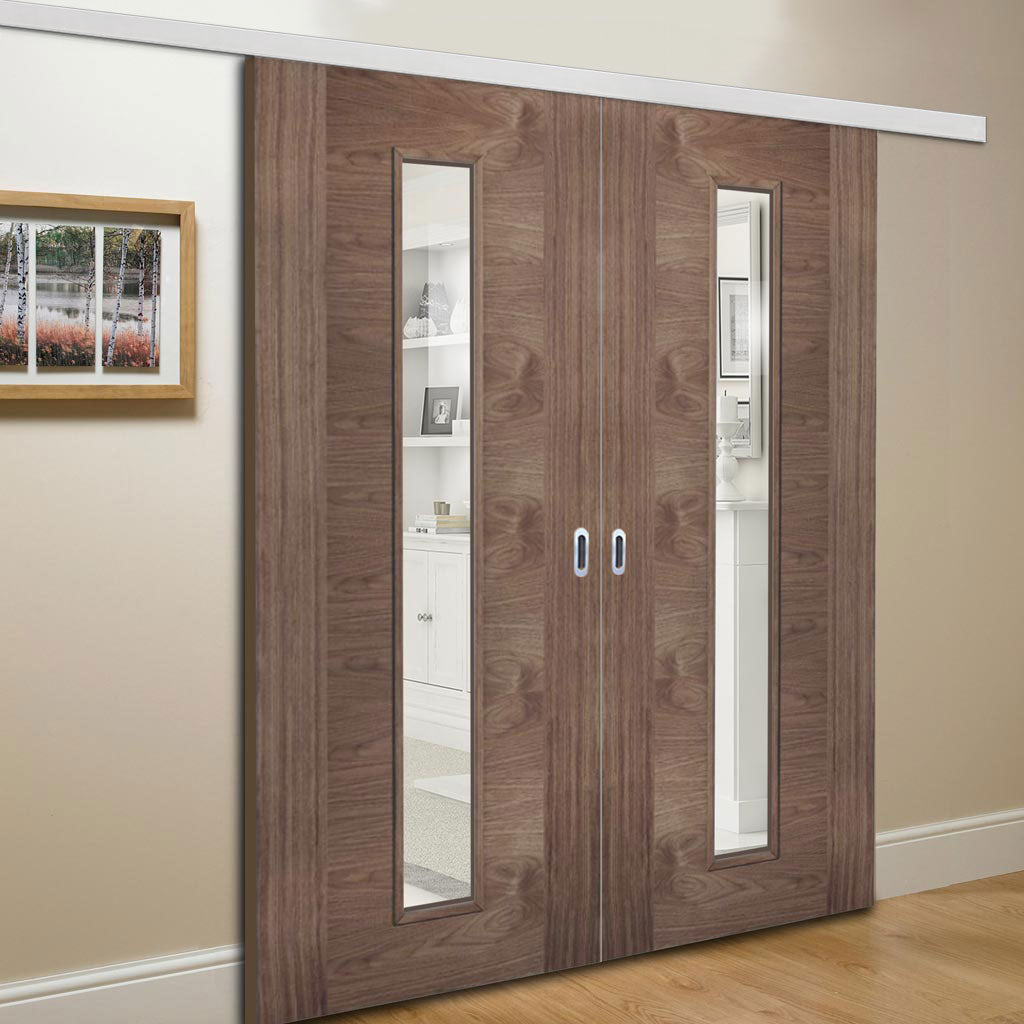 Premium Double Sliding Door & Wall Track - Sofia Walnut Veneer Door - Clear Glass - Prefinished