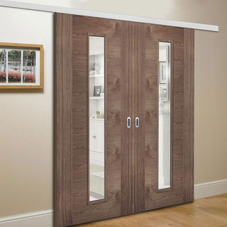 Image: Premium Double Sliding Door & Wall Track - Sofia Walnut Veneer Door - Clear Glass - Prefinished