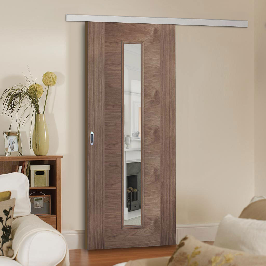 Premium Single Sliding Door & Wall Track - Sofia Walnut Veneer Door - Clear Glass - Prefinished