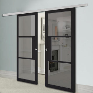 Image: Premium Double Sliding Door & Wall Track - Tribeca 3 Pane Black Painted Door - Tinted Glass