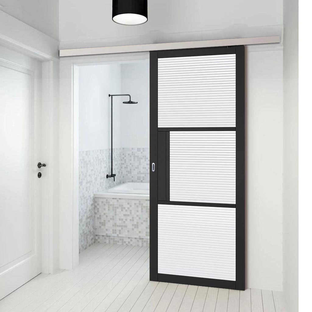 Premium Single Sliding Door & Wall Track - Tribeca 3 Pane Black Painted Door - Reeded Glass