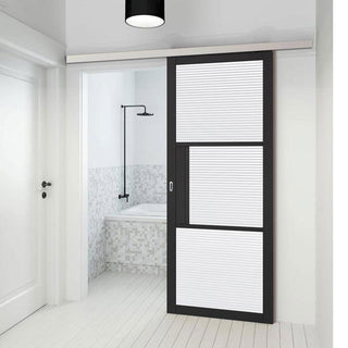 Image: Premium Single Sliding Door & Wall Track - Tribeca 3 Pane Black Primed Door - Reeded Glass
