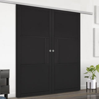 Image: Premium Double Sliding Door & Wall Track - Tribeca 3 Panel Black Primed Door