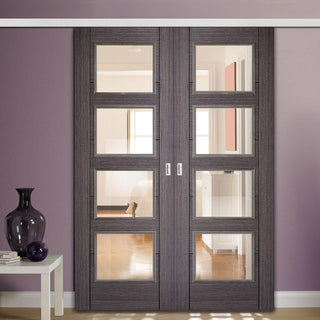 Image: Premium Double Sliding Door & Wall Track - Vancouver 4 Pane Ash Grey Door - Clear Glass - Prefinished