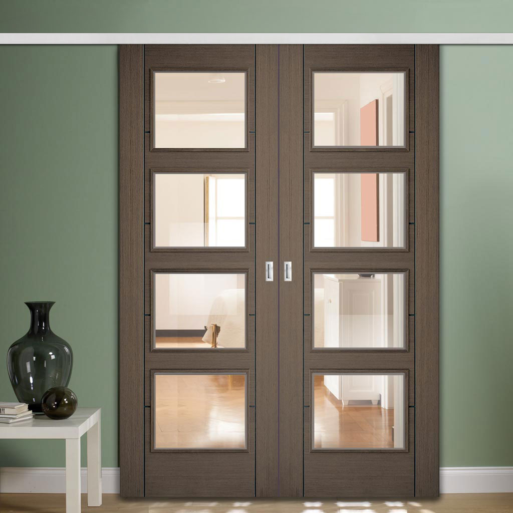 Premium Double Sliding Door & Wall Track - Vancouver 4 Pane Chocolate Grey Door - Clear Glass - Prefinished