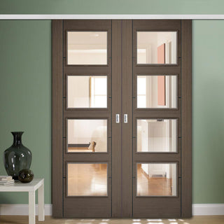 Image: Premium Double Sliding Door & Wall Track - Vancouver 4 Pane Chocolate Grey Door - Clear Glass - Prefinished