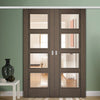 Premium Double Sliding Door & Wall Track - Vancouver 4 Pane Chocolate Grey Door - Clear Glass - Prefinished