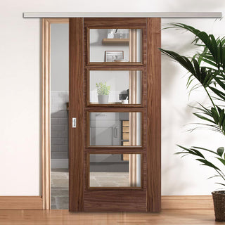 Image: Premium Single Sliding Door & Wall Track - Vancouver 4 Pane Walnut Door - Clear Glass - Prefinished