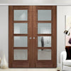 Premium Double Sliding Door & Wall Track - Vancouver 4 Pane Walnut Door - Clear Glass - Prefinished
