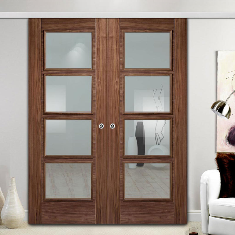 Premium Double Sliding Door & Wall Track - Vancouver 4 Pane Walnut Door - Clear Glass - Prefinished