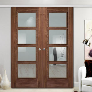 Image: Premium Double Sliding Door & Wall Track - Vancouver 4 Pane Walnut Door - Clear Glass - Prefinished