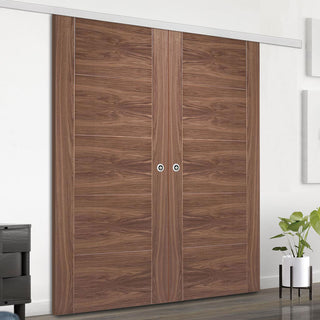 Image: Premium Double Sliding Door & Wall Track - Vancouver 5 Panel Flush Walnut Door - Prefinished