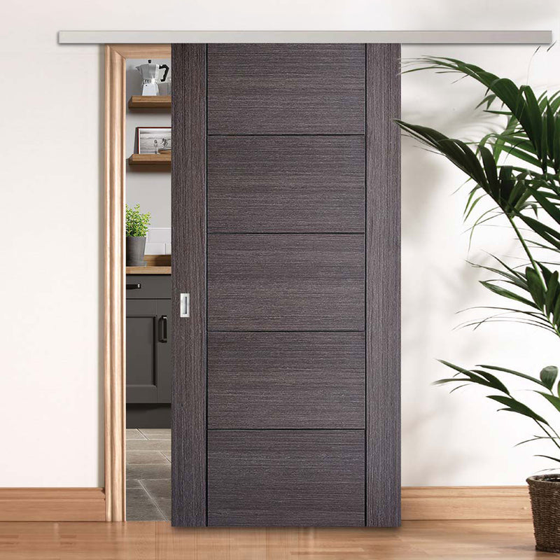 Premium Single Sliding Door & Wall Track - Vancouver Flush Ash Grey Door - Prefinished