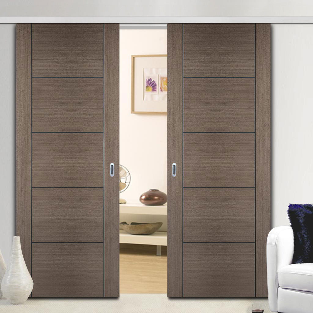 Premium Double Sliding Door & Wall Track - Vancouver Flush Chocolate Grey Door - Prefinished