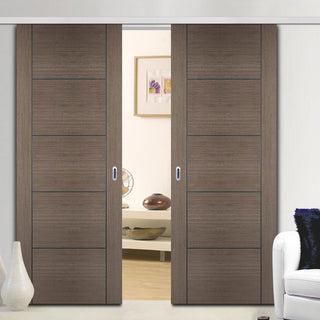 Image: Premium Double Sliding Door & Wall Track - Vancouver Flush Chocolate Grey Door - Prefinished