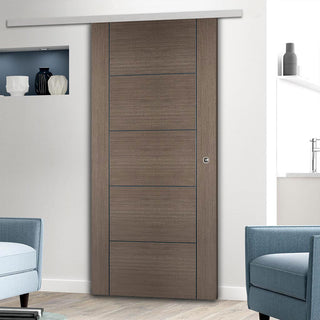 Image: Premium Single Sliding Door & Wall Track - Vancouver Flush Chocolate Grey Door - Prefinished