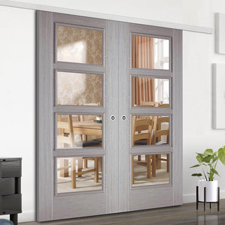 Image: Premium Double Sliding Door & Wall Track - Vancouver Light Grey Door - Clear Glass - Prefinished
