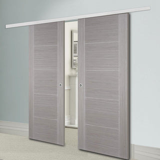 Image: Premium Double Sliding Door & Wall Track - Vancouver Light Grey Door - Prefinished