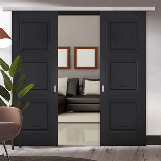 Image: Premium Double Sliding Door & Wall Track - Antwerp 3 Panel Black Primed Door