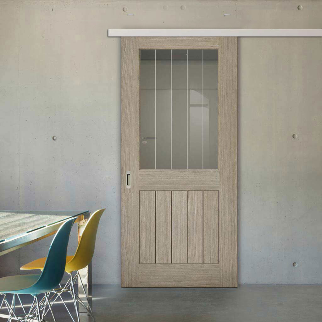 Premium Single Sliding Door & Wall Track - Belize Light Grey Door  - Clear Glass Frosted Lines - Prefinished