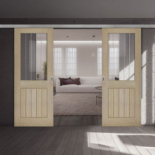 Image: Premium Double Sliding Door & Wall Track - Belize Light Grey Door  - Clear Glass Frosted Lines - Prefinished