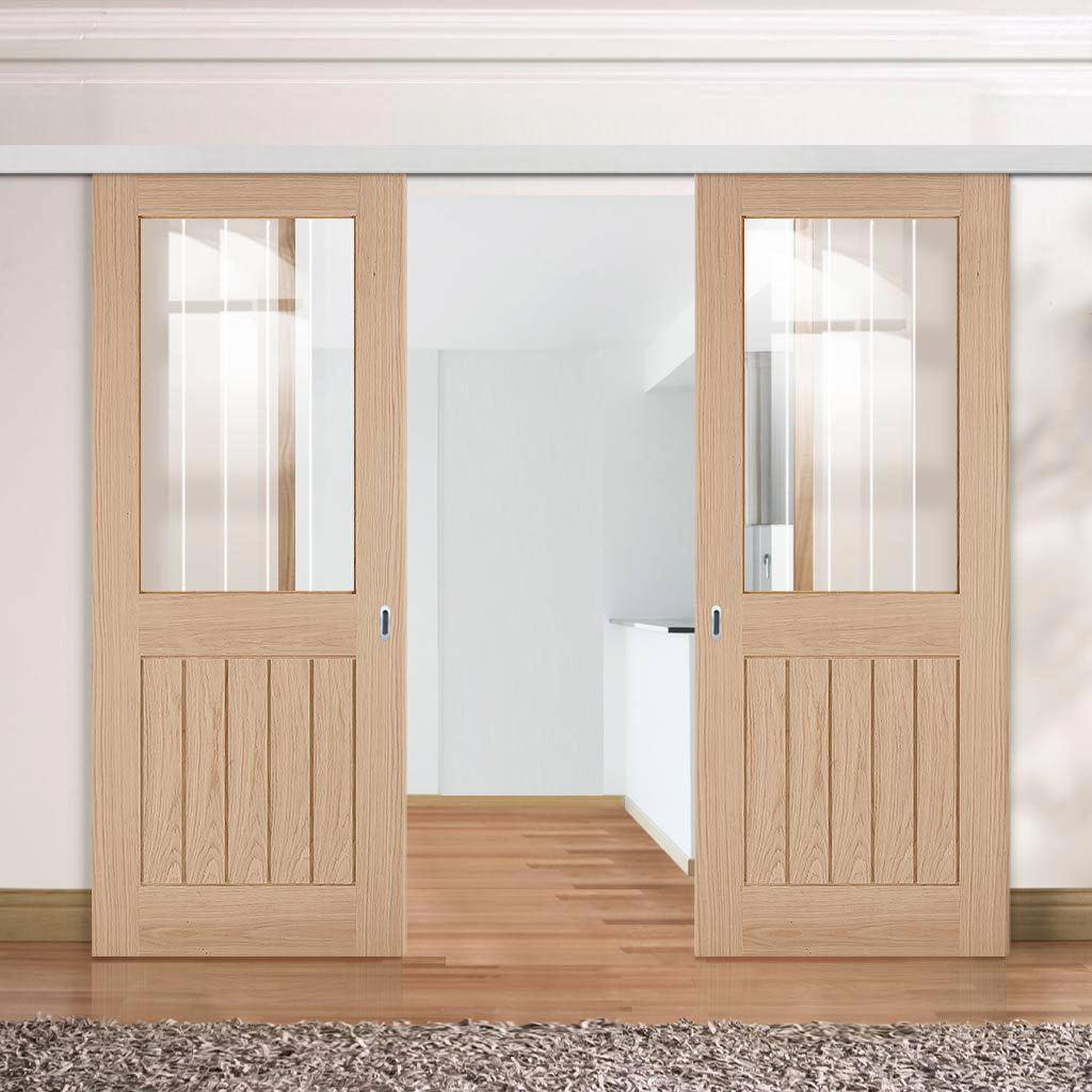 Premium Double Sliding Door & Wall Track - Belize Oak Door - Silkscreen Etched Clear Glass - Unfinished