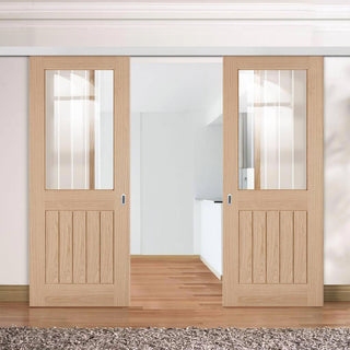 Image: Premium Double Sliding Door & Wall Track - Belize Oak Door - Silkscreen Etched Clear Glass - Unfinished