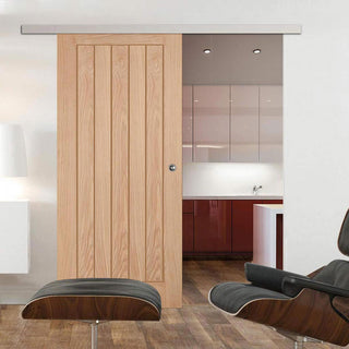 Image: Premium Single Sliding Door & Wall Track - Belize Flush Oak Door - Prefinished