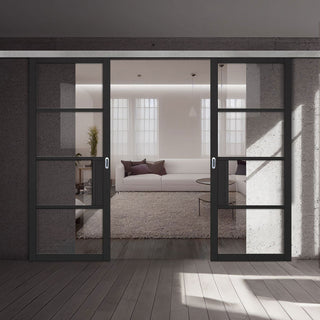 Image: Premium Double Sliding Door & Wall Track - Chelsea 4 Pane Black Primed Door - Clear Glass