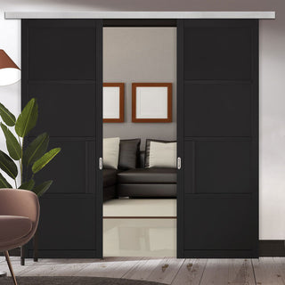 Image: Premium Double Sliding Door & Wall Track - Chelsea 4 Panel Black Painted Door - Prefinished