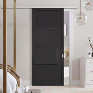 Image: Premium Single Sliding Door & Wall Track - Chelsea 4 Panel Black Painted Door - Prefinished
