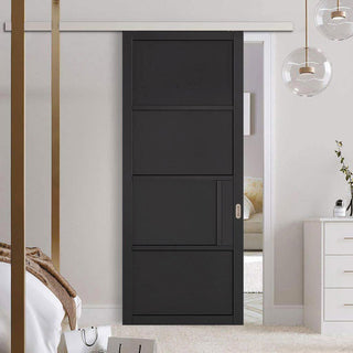 Image: Premium Single Sliding Door & Wall Track - Chelsea 4 Panel Black Primed Door