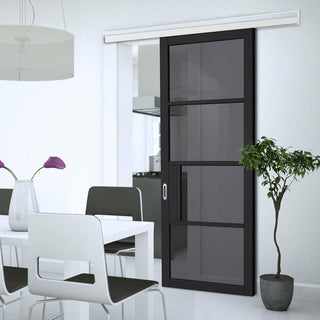 Image: Premium Single Sliding Door & Wall Track - Chelsea 4 Pane Black Primed Door - Tinted Glass